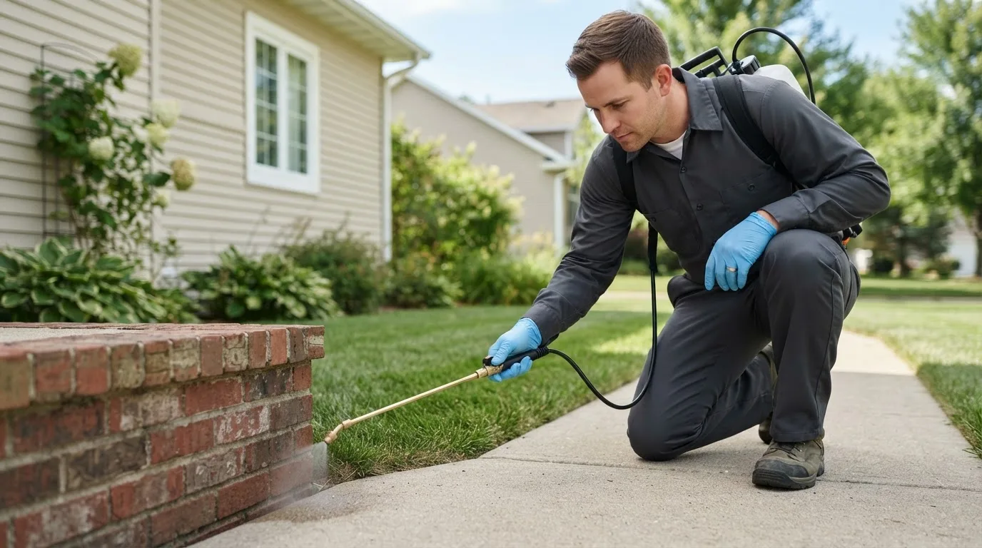 Pest control technician treating a home near Wells, MN