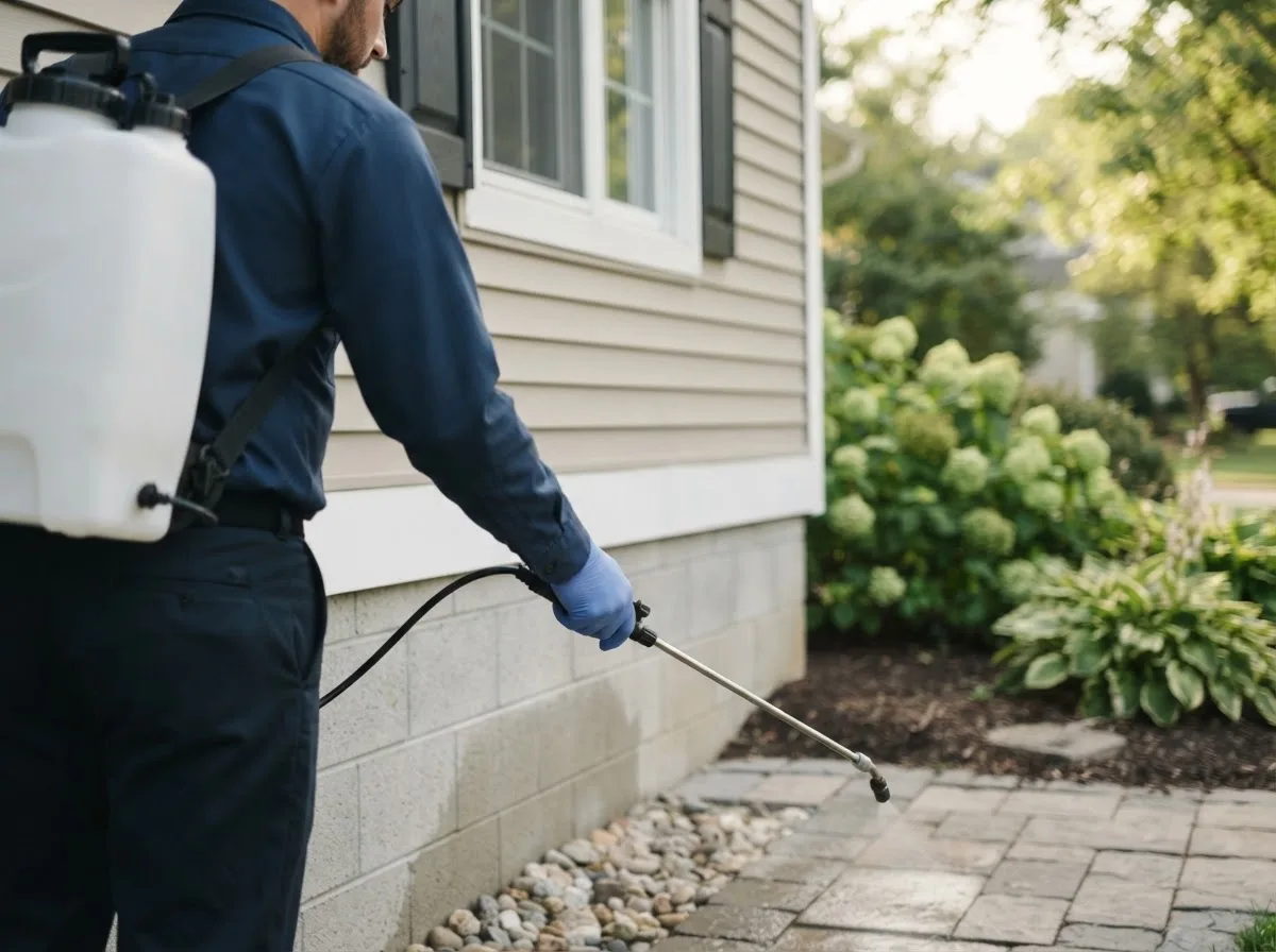 Pest control technician inspecting a home in Wells, MN